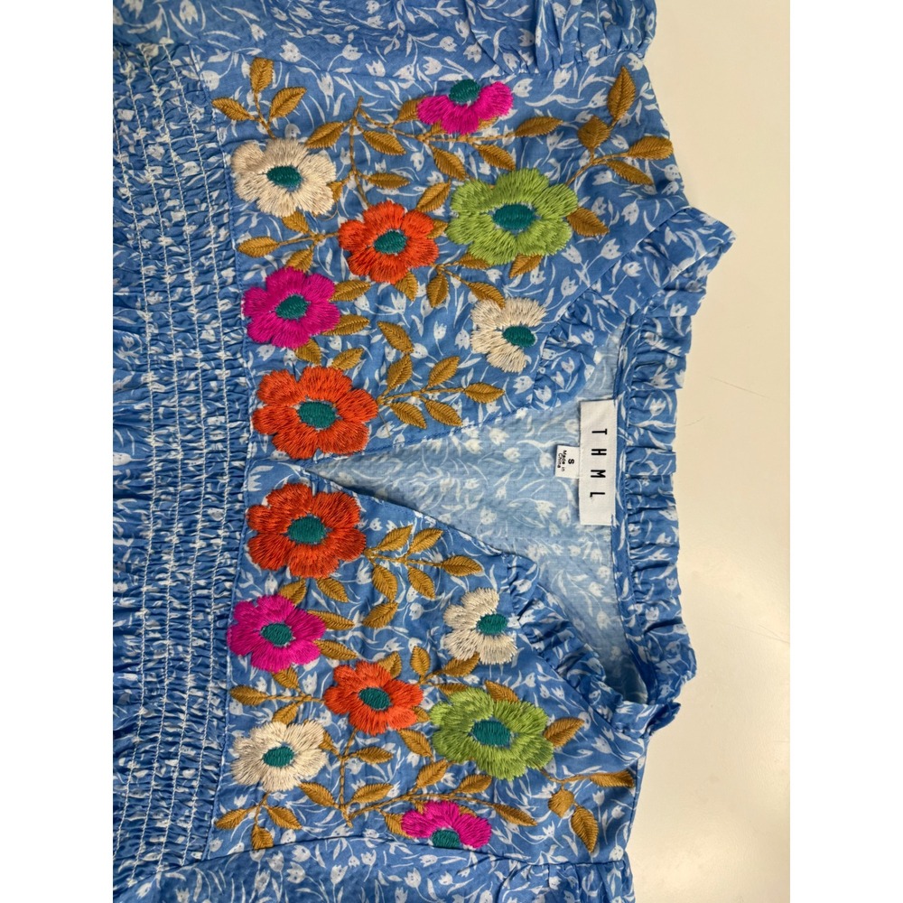 THML Blue Floral Embroidered V-Neck Blouse Puff Sleeve Top Small - Picture 2 of 9